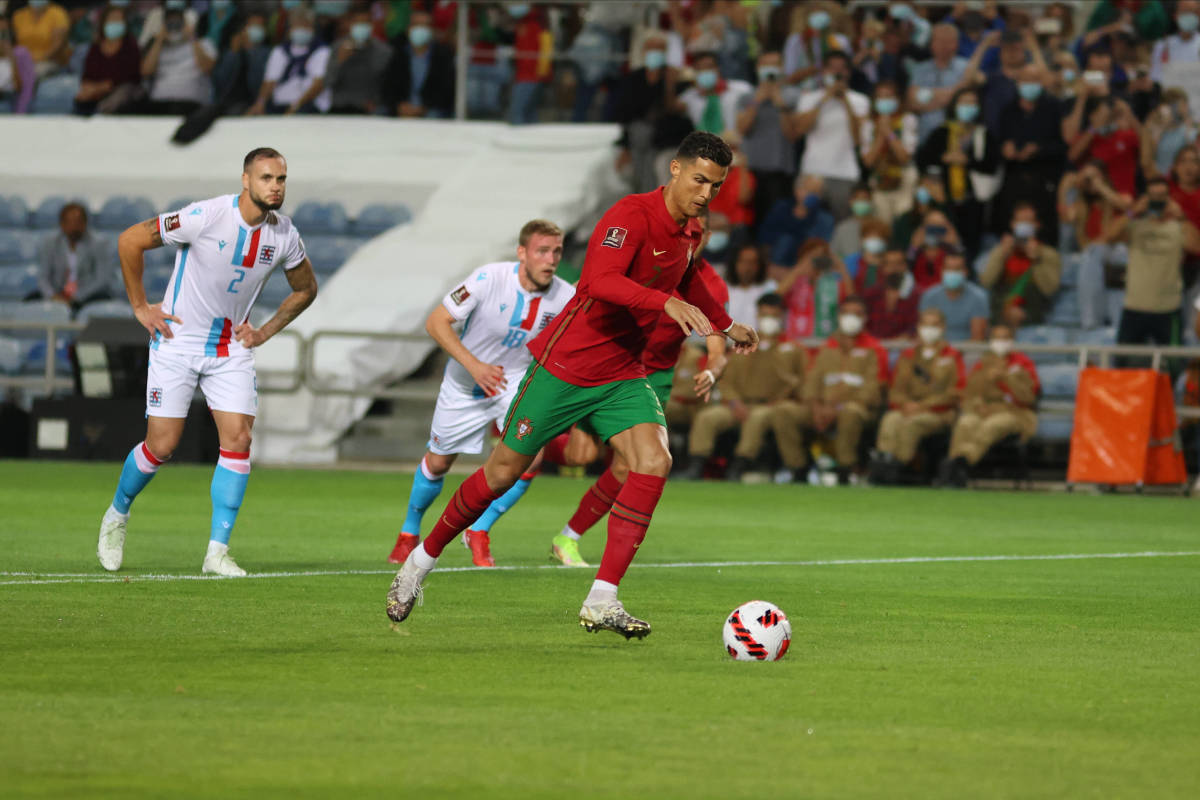 Cristiano Ronaldo pictured scoring for Portugal against Luxembourg in October 2021