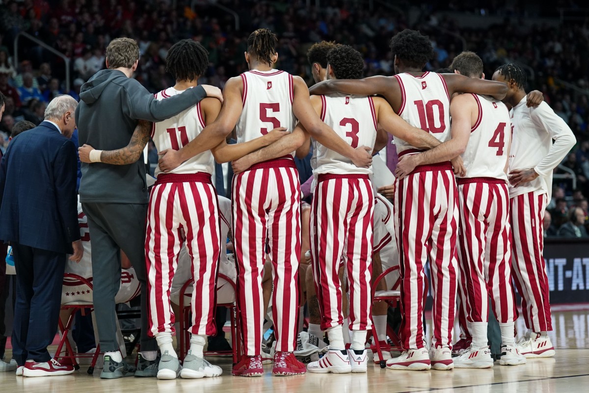 Indiana Hoosiers players during a timeout in the first half against the Kent State Golden Flashes at MVP Arena.