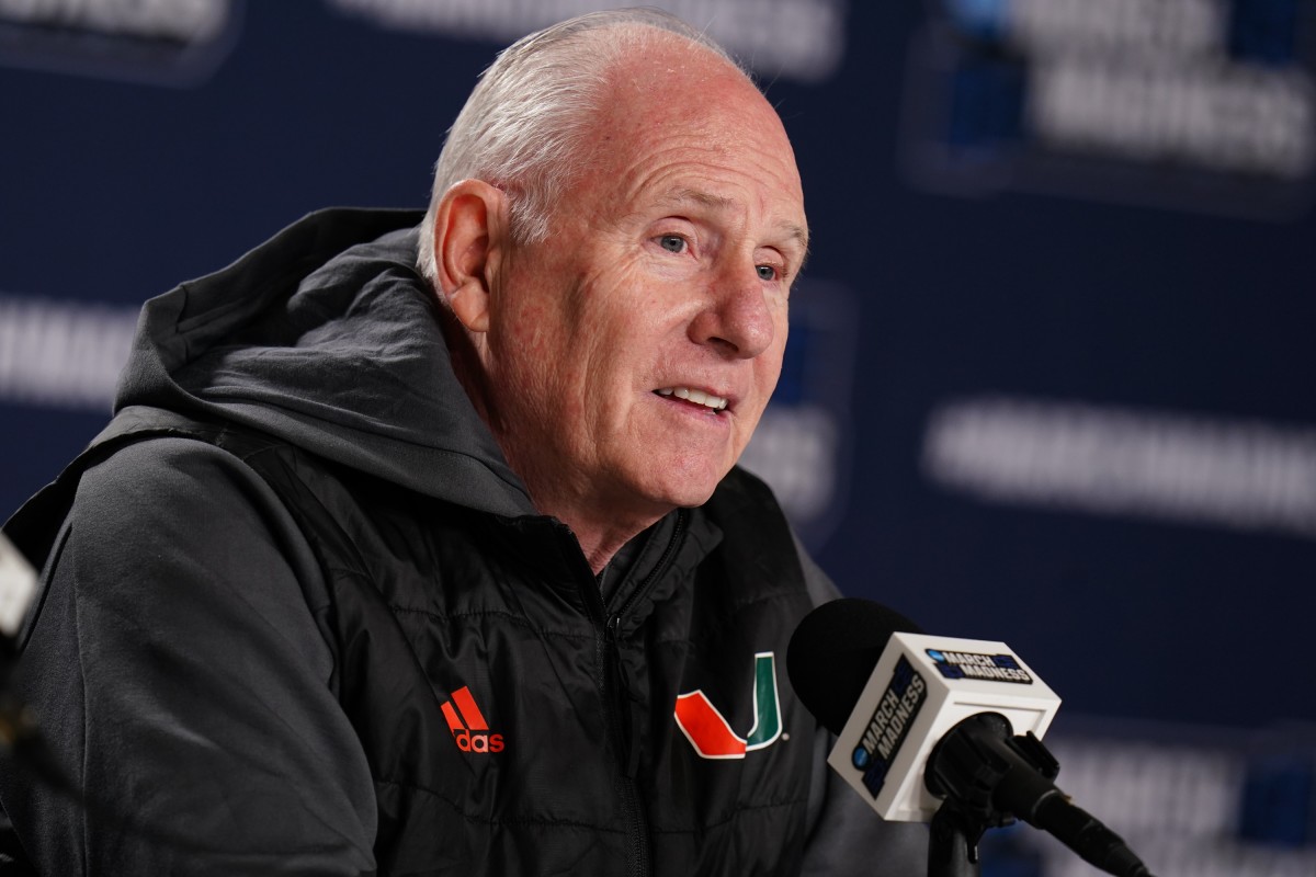 Miami Hurricanes head coach Jim Larranaga speaks to the press during first round practice at MVP Arena. (David Butler II-USA TODAY Sports)