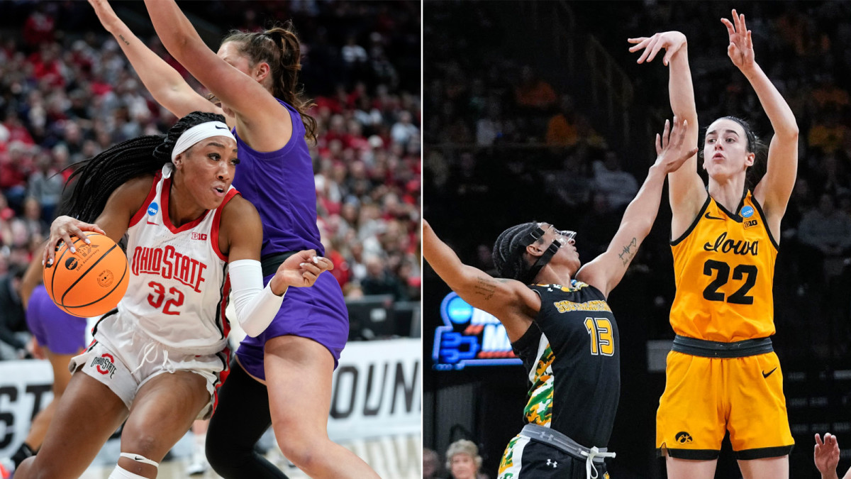 Split image of Ohio State forward Cotie McMahon driving against JMU and Iowa guard Caitlin Clark shooting against SE Louisiana in the first round of the NCAA women’s tournament.