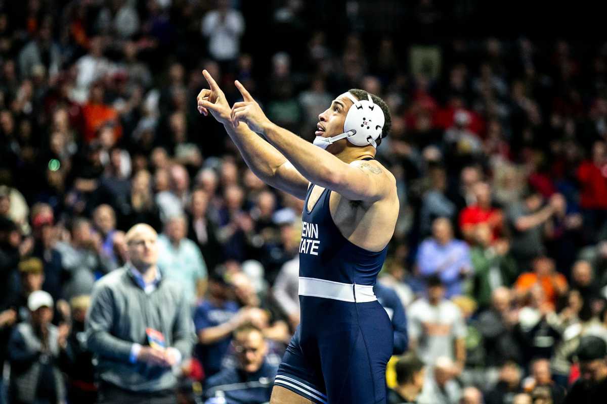Penn State's Aaron Brooks celebrates after winning the 184-pound national championship at the 2023 NCAA Wrestling Championships.