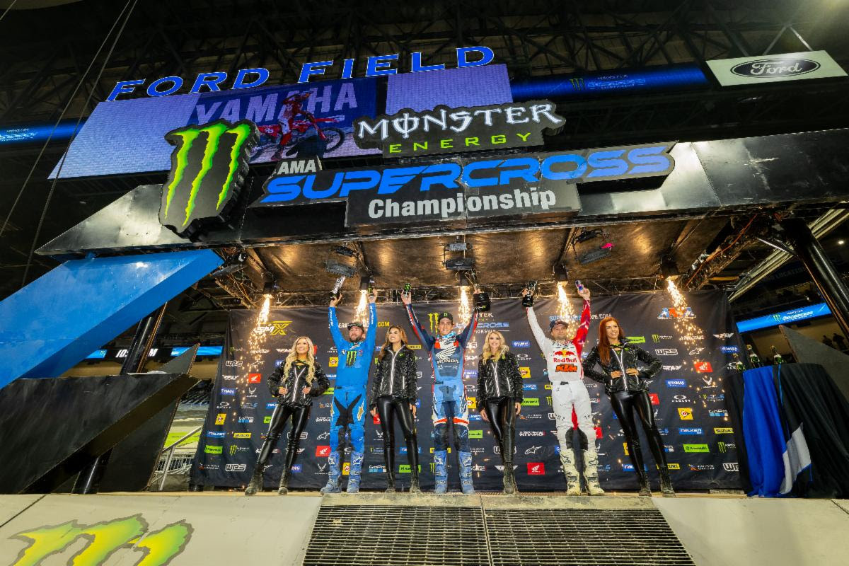 450SX Class podium (racers left to right) Eli Tomac, Chase Sexton, and Cooper Webb. Photo Credit: Feld Motor Sports, Inc.
