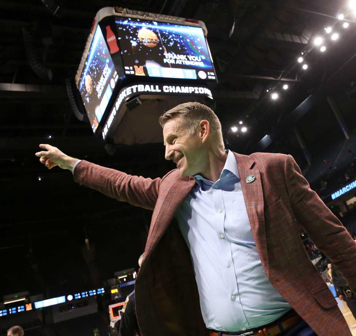 Mar 18, 2023; Birmingham, AL, USA; Alabama head coach Nate Oats gestures to fans as he leaves the court at Legacy Arena during the second round of the NCAA Tournament. Alabama advanced to the Sweet Sixteen with a 73-51 win over Maryland. Mandatory Credit: Gary Cosby Jr.-Tuscaloosa News Ncaa Basketball March Madness Alabama Vs Maryland