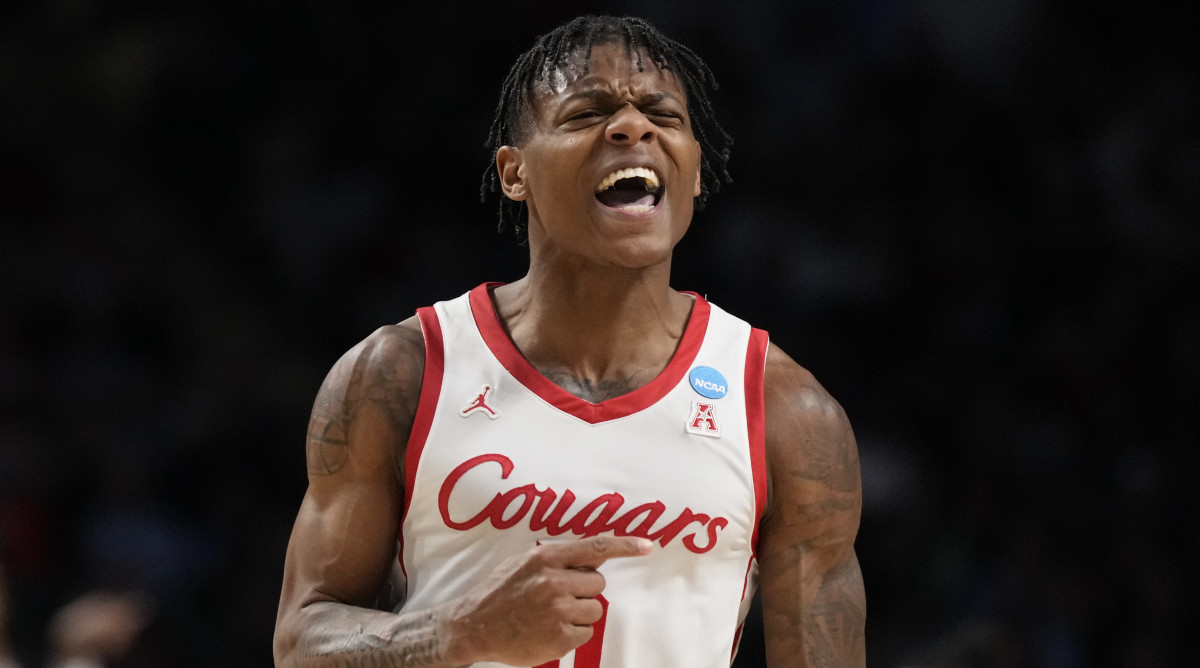 Houston guard Marcus Sasser celebrates during win against Auburn