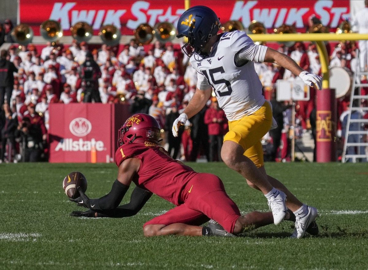 Iowa State defensive back Anthony Johnson, Jr., (1) intercepts a pass intended for West Virginia s Reese Smith (15) in the second quarter during a NCAA football game at Jack Trice Stadium in Ames on Saturday, Nov. 5, 2022. Iowastatevswvu 202201105 Bh