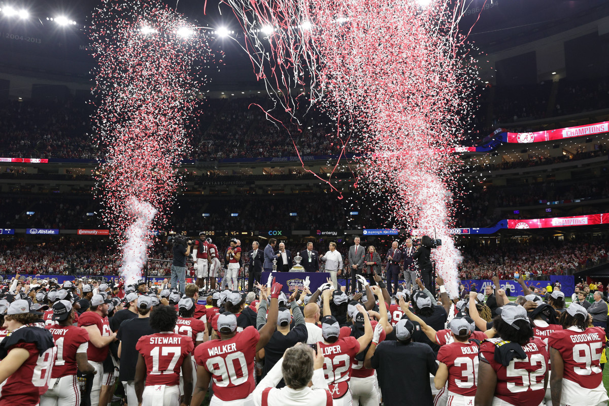 Dec 31, 2022; New Orleans, LA, USA; Alabama Crimson Tide celebrate the victory against the Kansas State Wildcats in the 2022 Sugar Bowl at Caesars Superdome.