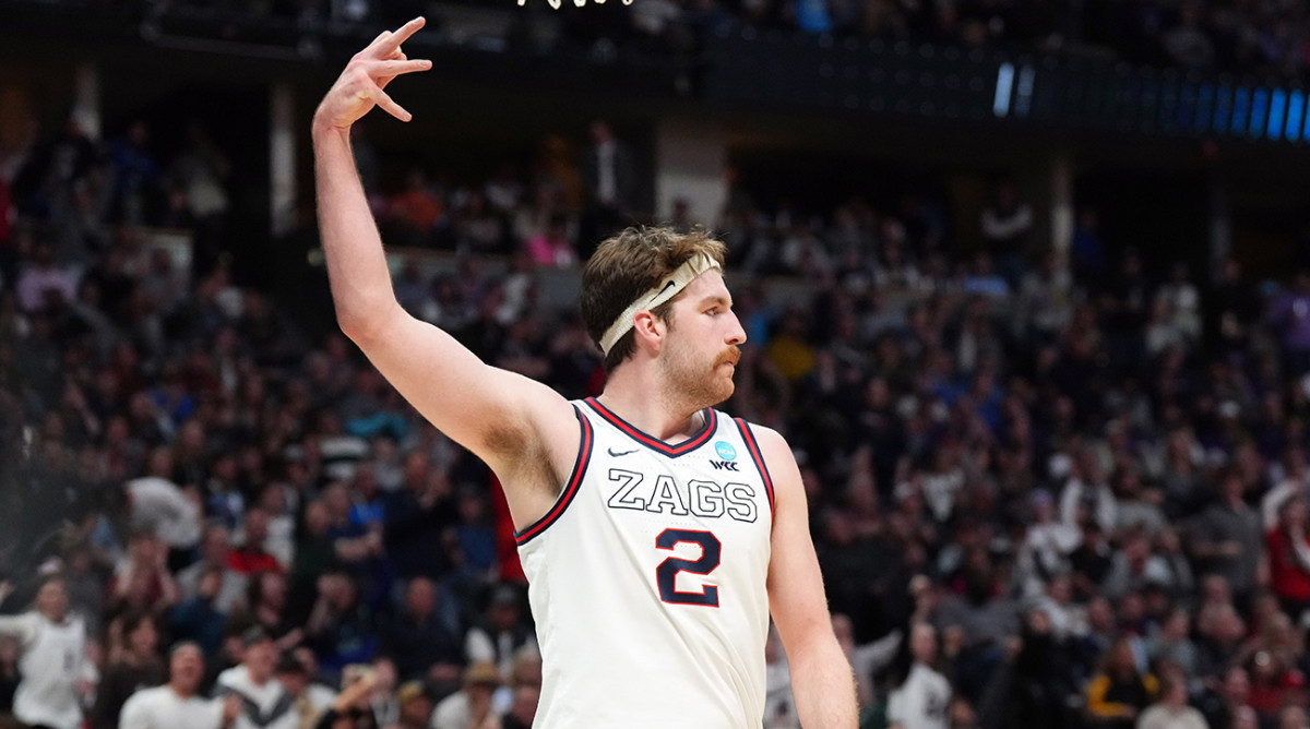 Gonzaga Bulldogs forward Drew Timme (2) celebrates a three point shot in the second half against the TCU Horned Frogs.