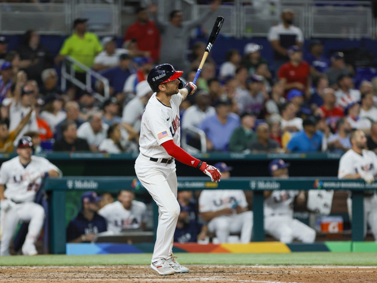 Team USA shortstop Trea Turner watches his three-run homer leave the park against Cuba in the WBC semifinals