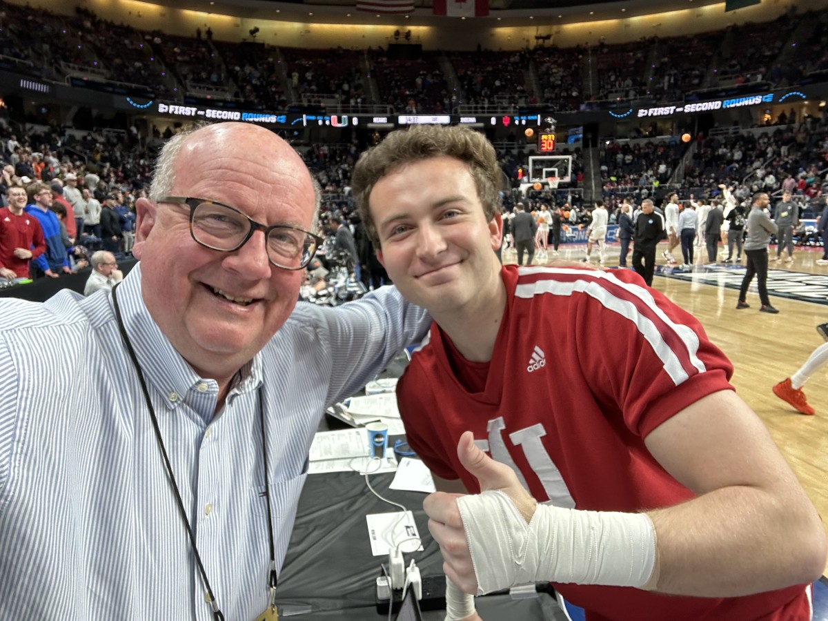 Indiana cheerleader Nathan Paris was a hero in last year's NCAA Tournament game when he and fellow cheerleader Cassidy Cerne retrieved a ball that was stuck in the backboard. We got a pregame selfie on Sunday night at press row.