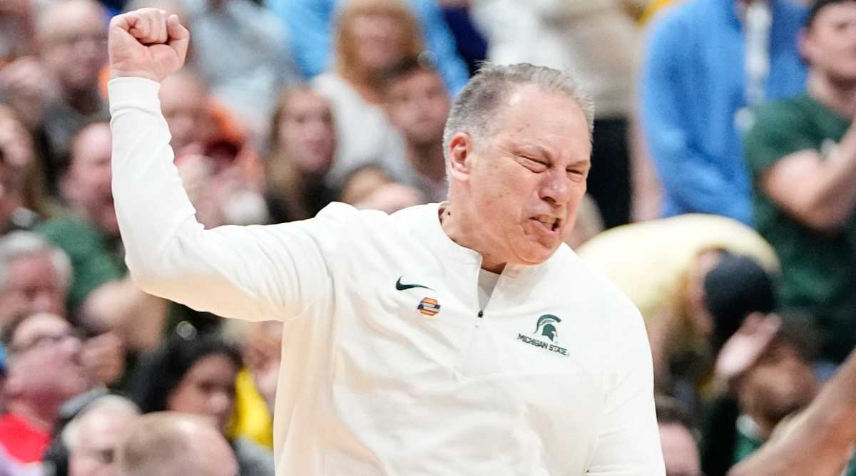 Michigan State coach Tom Izzo gestures emphatically during second-round game vs. Marquette