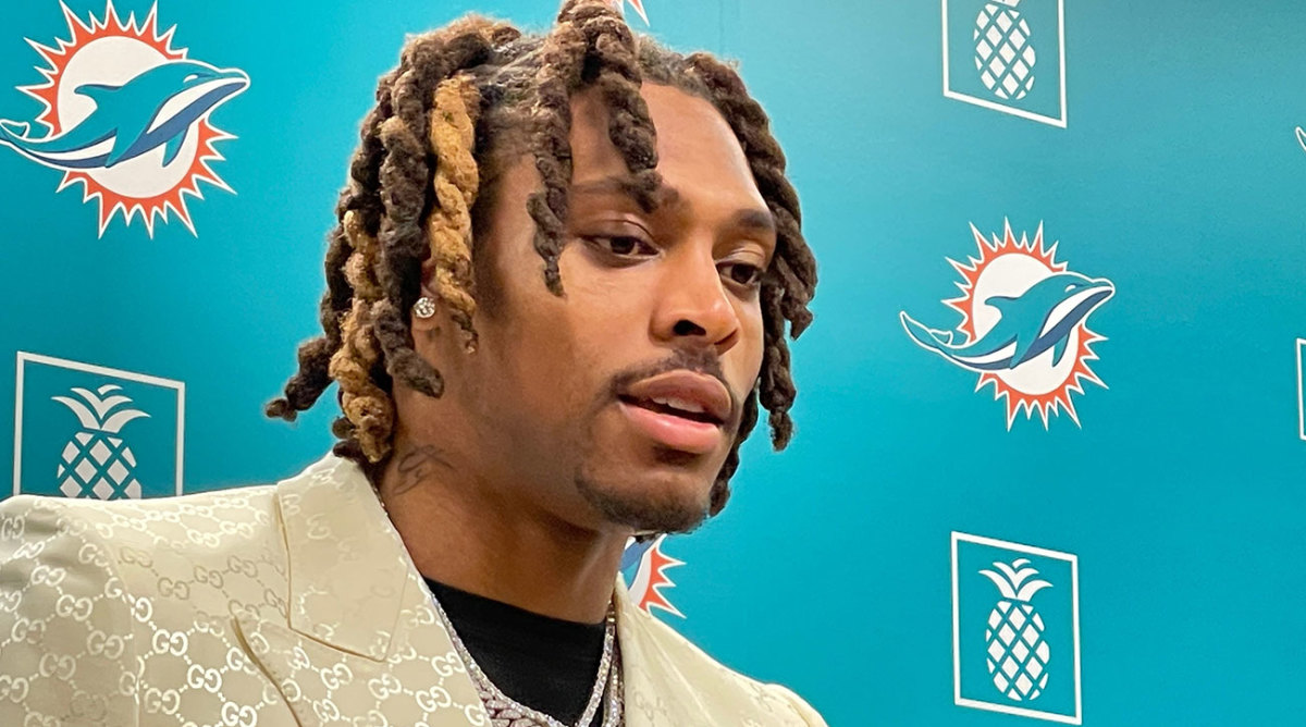 Jalen Ramsey at his Dolphins introductory press conference