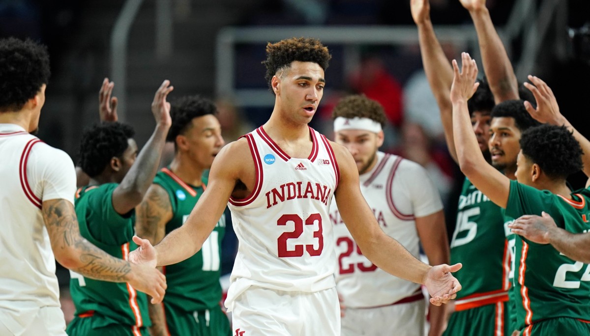 Indiana Hoosiers forward Trayce Jackson-Davis (23) reacts after a play against the Miami (Fl) Hurricanes during the second half at MVP Arena.