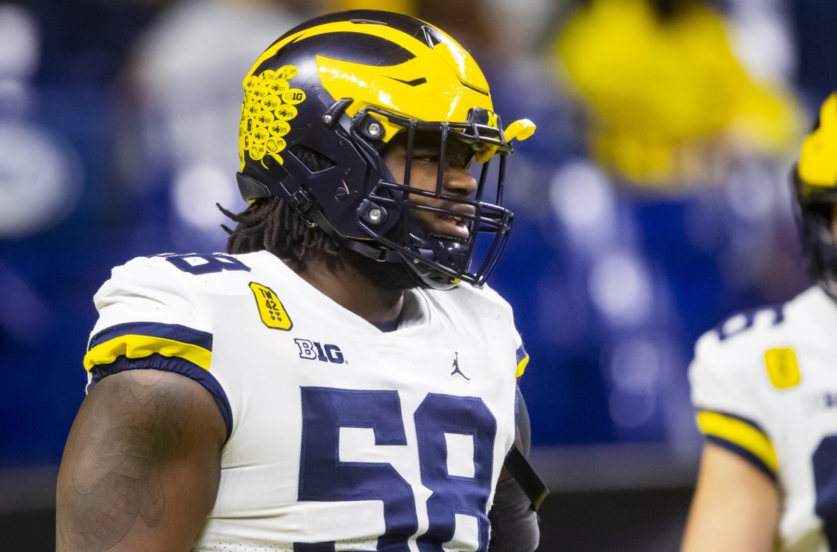 Michigan Wolverines defensive lineman Mazi Smith (58) against the Iowa Hawkeyes in the Big Ten Conference championship game at Lucas Oil Stadium.