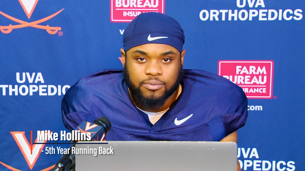 Virginia running back Mike Hollins speaks to the media after a UVA football practice