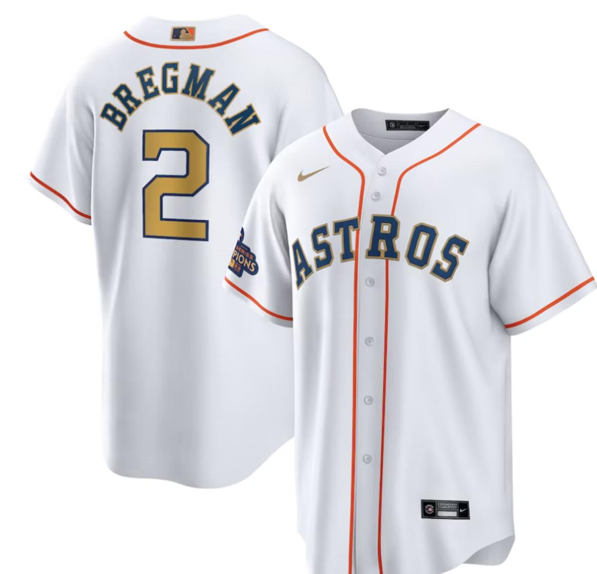 Men's Houston Astros Alex Bregman Nike White/Gold 2023 Gold Collection Replica Player Jersey - $149.99