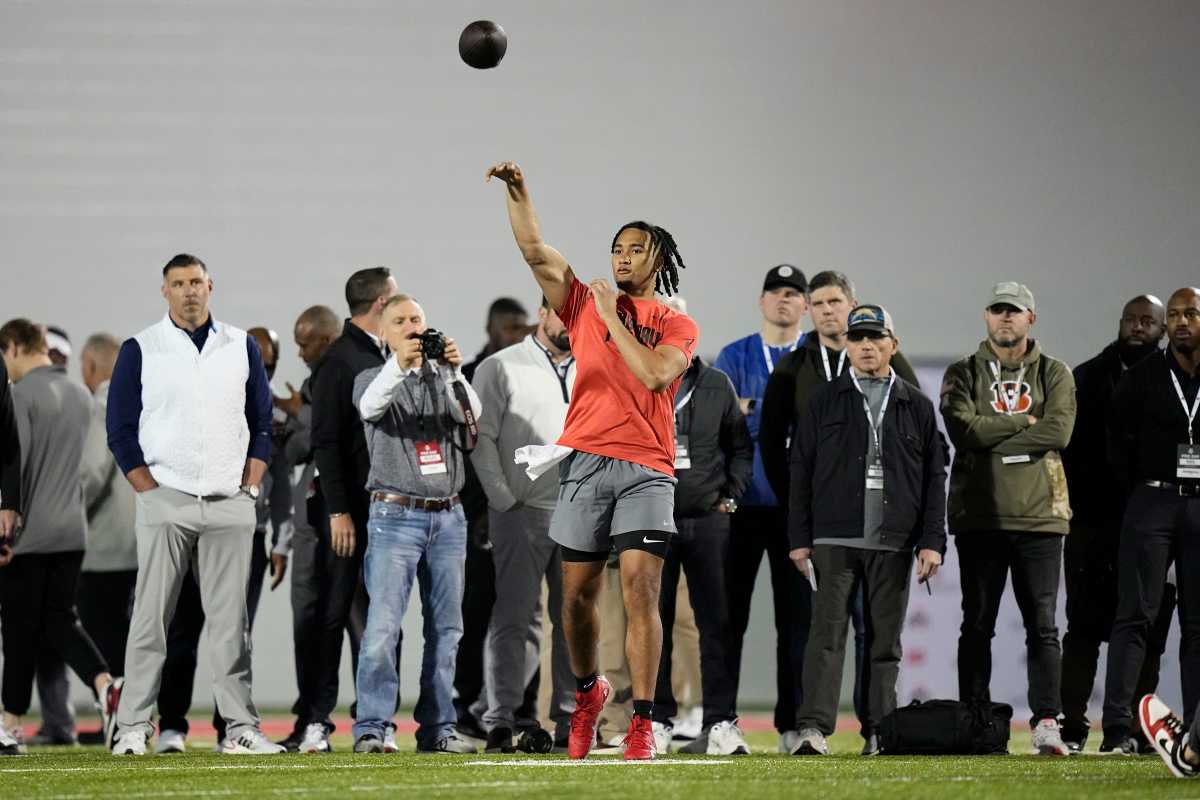 Ohio State Buckeyes quarterback C.J. Stroud throws in front of NFL scouts during Ohio State football s pro day at the Woody Hayes Athletic Center in Columbus on March 22, 2023. Football Ceb Osufb Pro Day