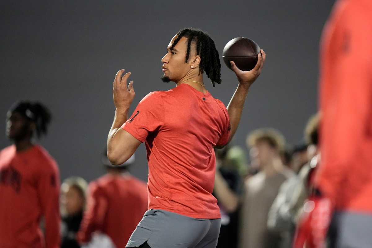 Ohio State Buckeyes quarterback C.J. Stroud throws in front of NFL scouts during Ohio State football s pro day at the Woody Hayes Athletic Center in Columbus on March 22, 2023. Football Ceb Osufb Pro Day
