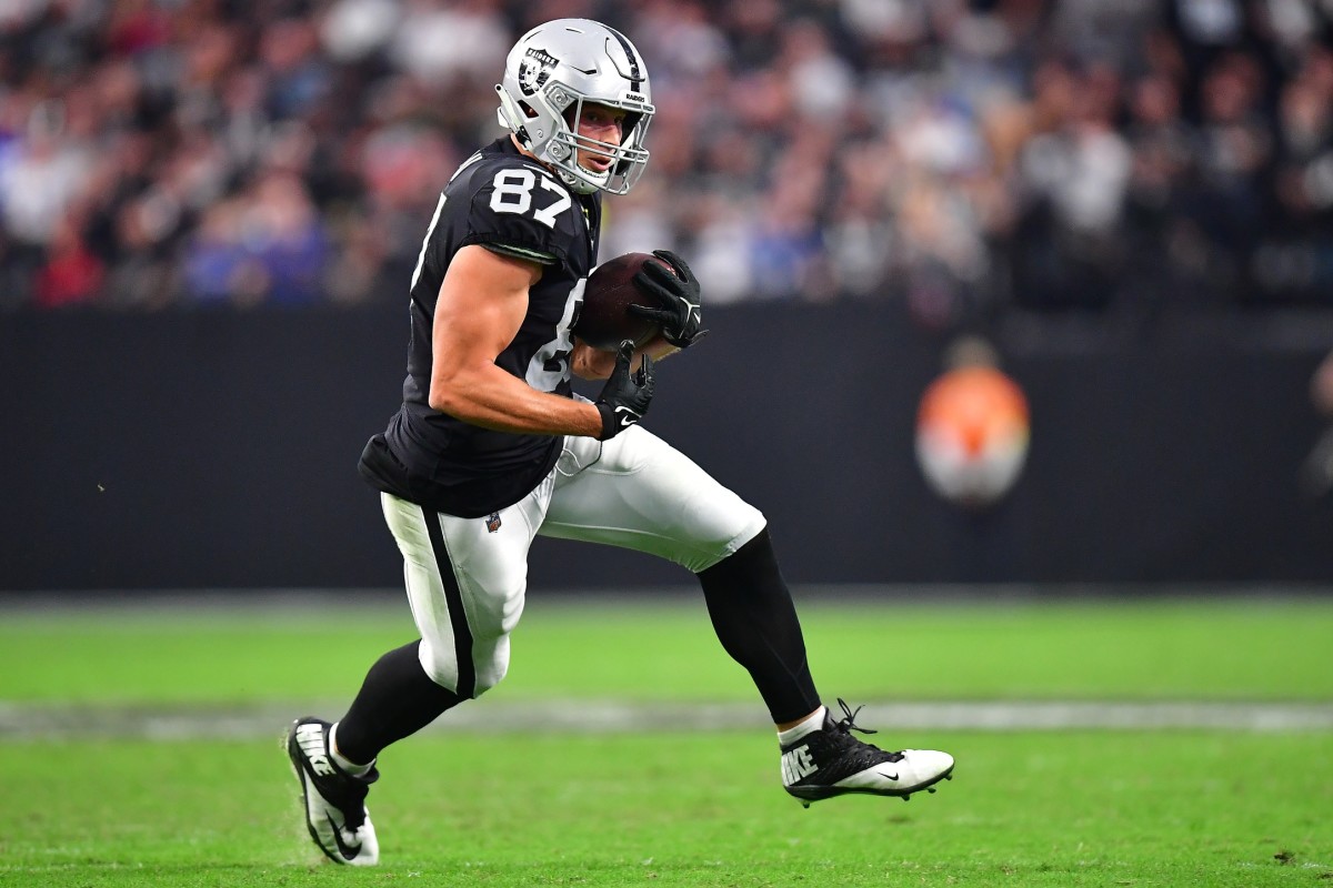 Nov 13, 2022; Las Vegas Raiders tight end Foster Moreau (87) after a catch against the Indianapolis Colts. Mandatory Credit: Gary A. Vasquez-USA TODAY Sports