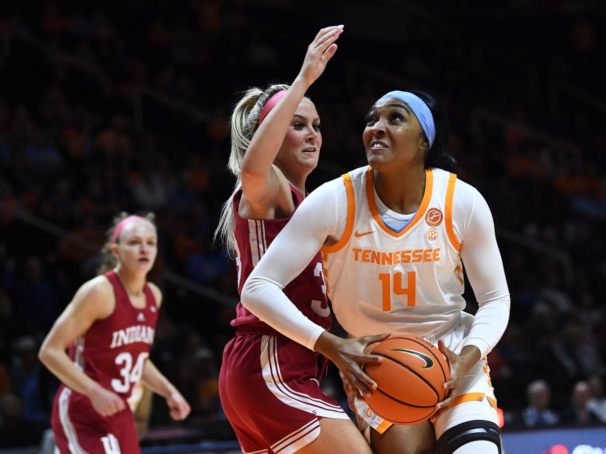 Tennessee forward Jasmine Franklin (14) tries to get around Indiana guard Sydney Parrish (33) during the NCAA women's college basketball game on Monday, November 14, 2022 in Knoxville, Tenn.