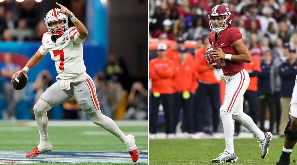 Separate photos of C.J. Stroud and Bryce Young during college games.