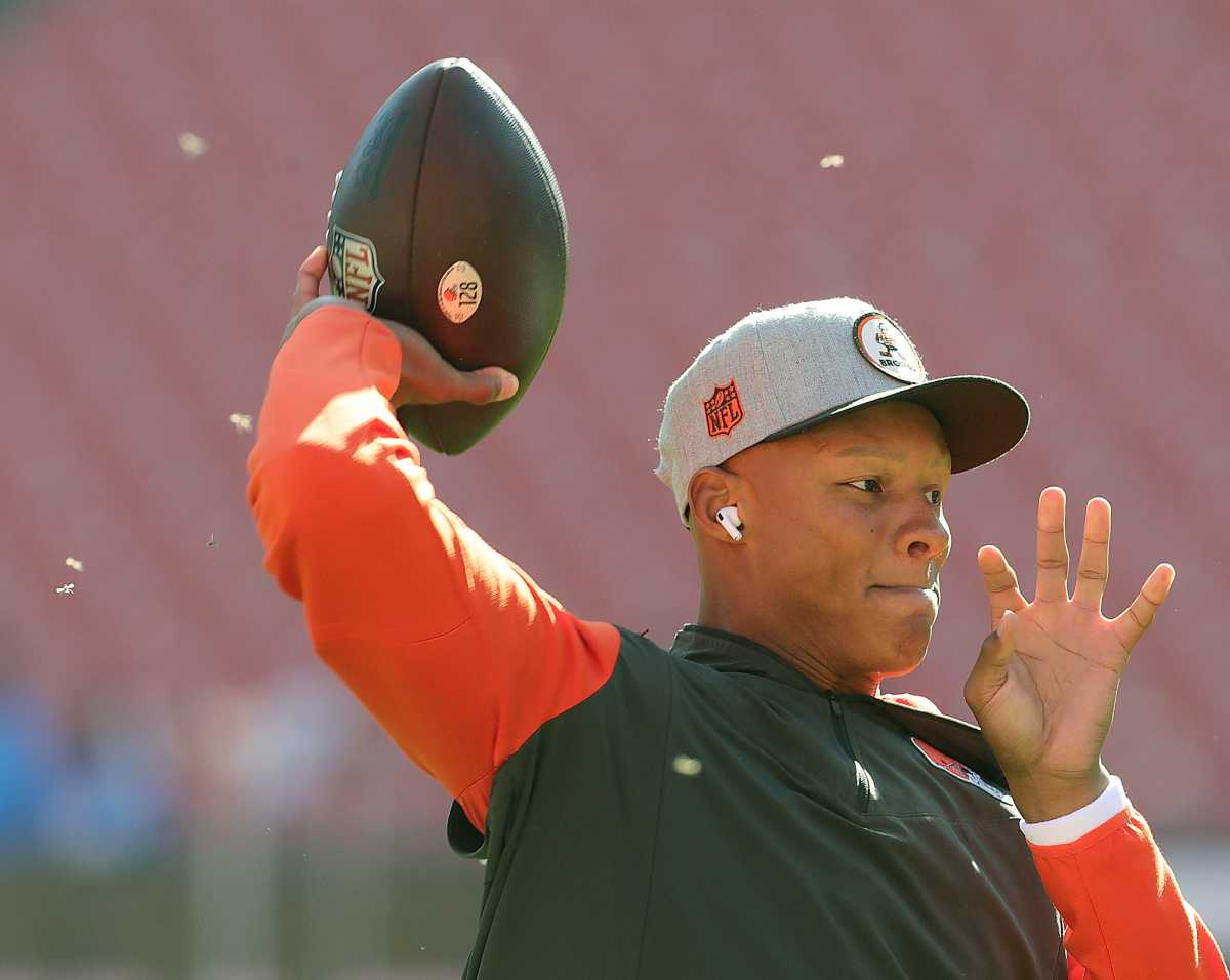 Arizona Cardinals QB Josh Dobbs during pregame warmups for the Cleveland Browns this summer. (Photo by Phil Masturzo of USA Today)