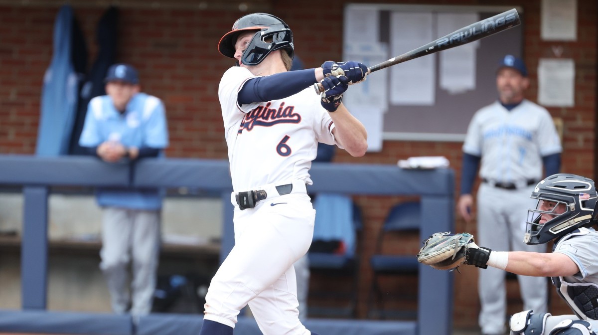Virginia shortstop Griff O'Ferrall swings at a pitch during the UVA baseball game against Columbia at Disharoon Park.