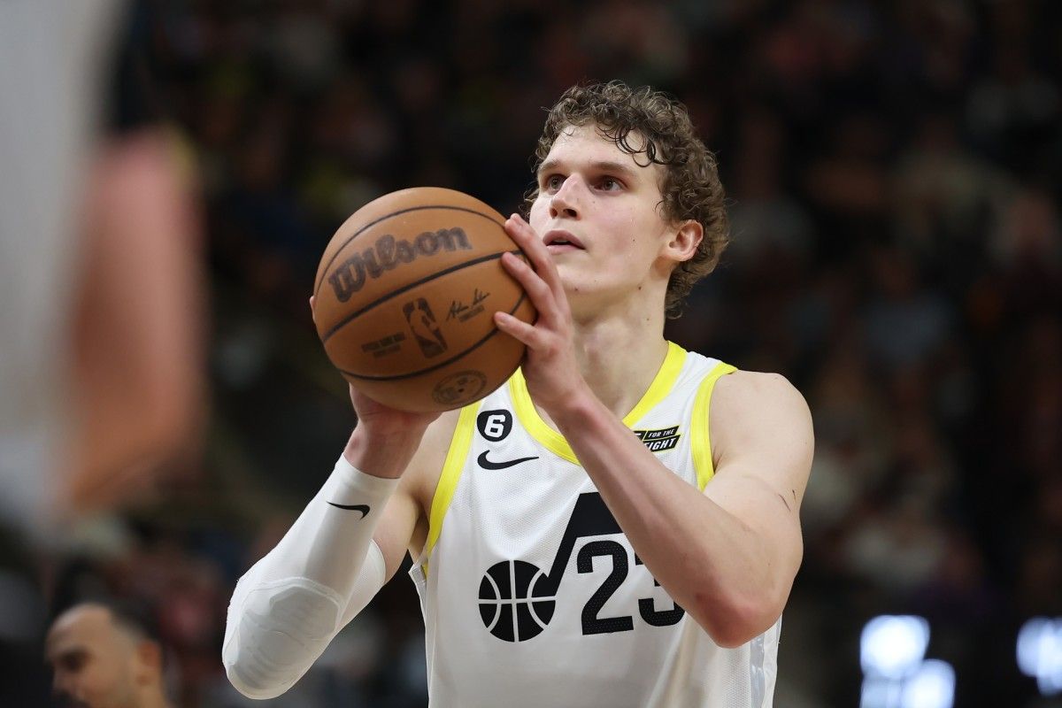 Utah Jazz forward Lauri Markkanen (23) shoots a free throw against the Portland Trail Blazers in the fourth quarter at Vivint Arena.