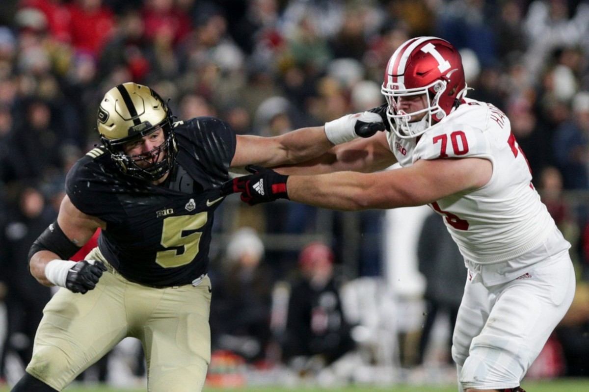 Indiana offensive lineman Luke Haggard (70) blocks Purdue defensive end George Karlaftis (5) during the third quarter of an NCAA college football game, Saturday, Nov. 27, 2021 at Ross-Ade Stadium in West Lafayette. Cfb Purdue Vs Indiana