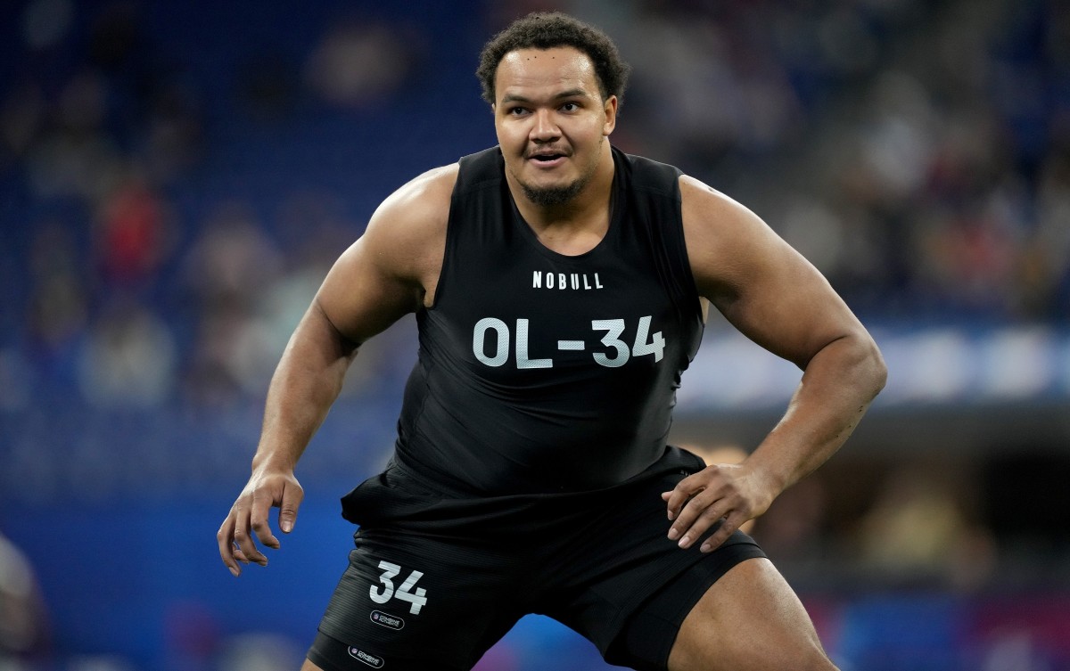Mar 5, 2023; Indianapolis, IN, USA; Boise State offensive lineman John Ojukwu (OL34) during the NFL Scouting Combine at Lucas Oil Stadium. Mandatory Credit: Kirby Lee-USA TODAY Sports