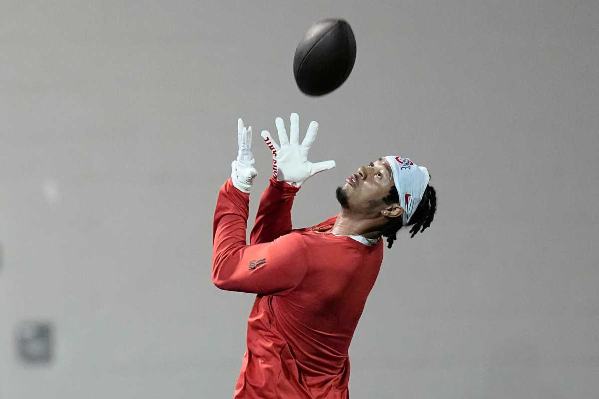 Ohio State Buckeyes wide receiver Jaxon Smith-Njigba catches a pass during Ohio State football s pro day at the Woody Hayes Athletic Center in Columbus on March 22, 2023. Football Ceb Osufb Pro Day