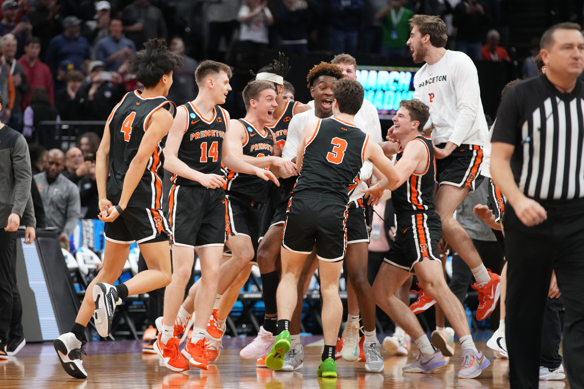 Princeton men’s hoops team celebrate its first-round win in the NCAA Tournament.