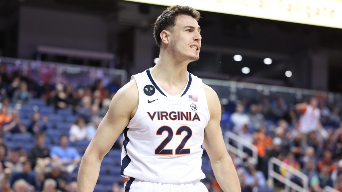 Francisco Caffaro reacts during the Virginia men's basketball game against Clemson in the semifinals of the ACC Men's Basketball Tournament at Greensboro Coliseum.