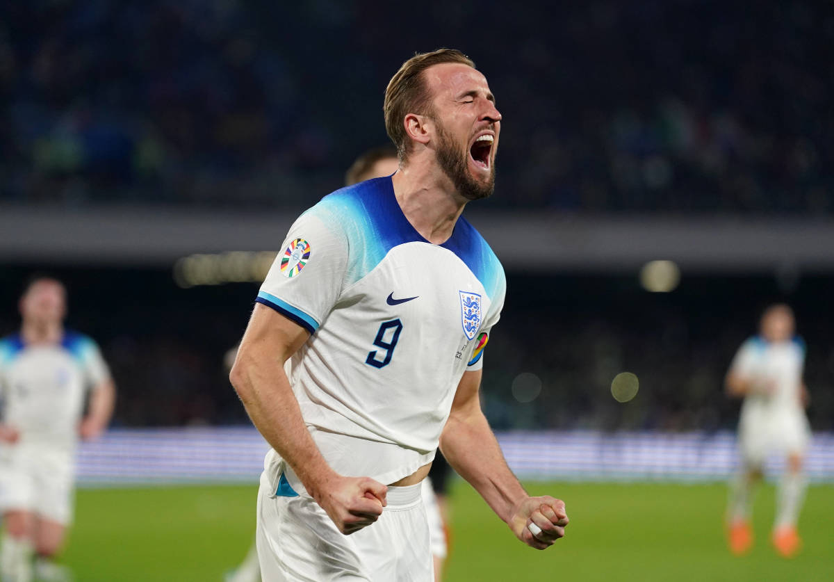 Harry Kane pictured celebrating after breaking the England scoring record in March 2023