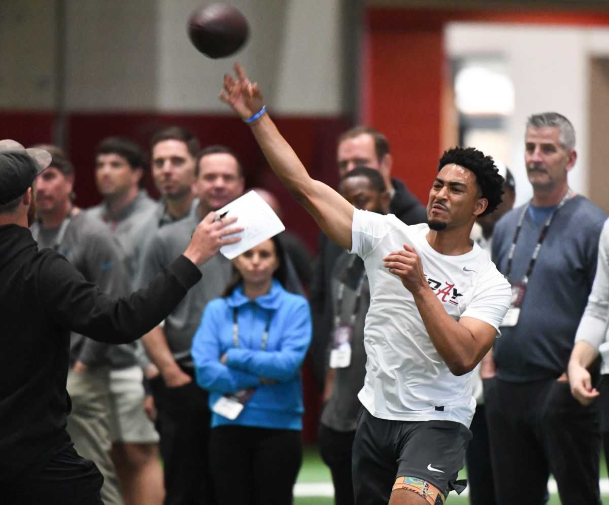 Mar 23, 2023; Tuscaloosa, AL, USA; Quarterback Bryce Young throws during Pro Day at Hank Crisp Indoor Practice Facility on the campus of the University of Alabama. Mandatory Credit: Gary Cosby Jr.-Tuscaloosa News Ncaa Football University Of Alabama Pro Day