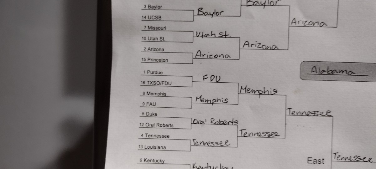 An NCAA bracket showing Fairleigh-Dickinson beating Purdue in the first round.
