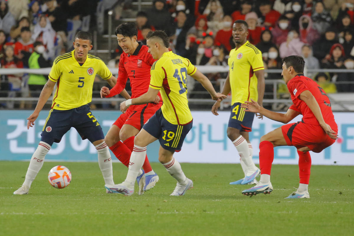An action shot from South Korea's 2-2 draw with Colombia in March 2023