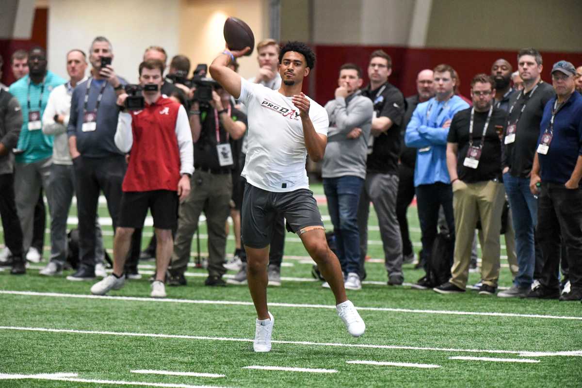 Mar 23, 2023; Tuscaloosa, AL, USA; Quarterback Bryce Young throws during Pro Day at Hank Crisp Indoor Practice Facility on the campus of the University of Alabama.