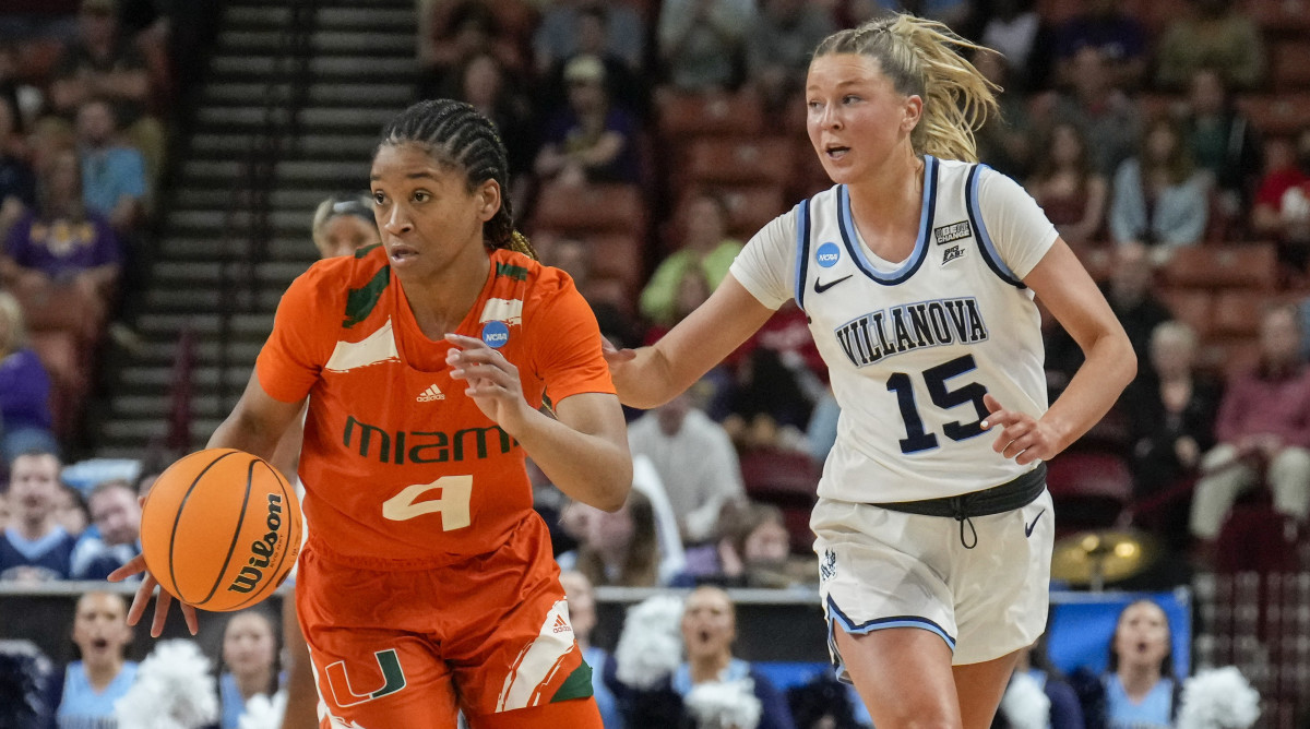 Miami Hurricanes guard Jasmyne Roberts brings back a steal chase by Villanova Wildcats guard Brooke Mullin during the Sweet 16 of the NCAA women’s tournament.