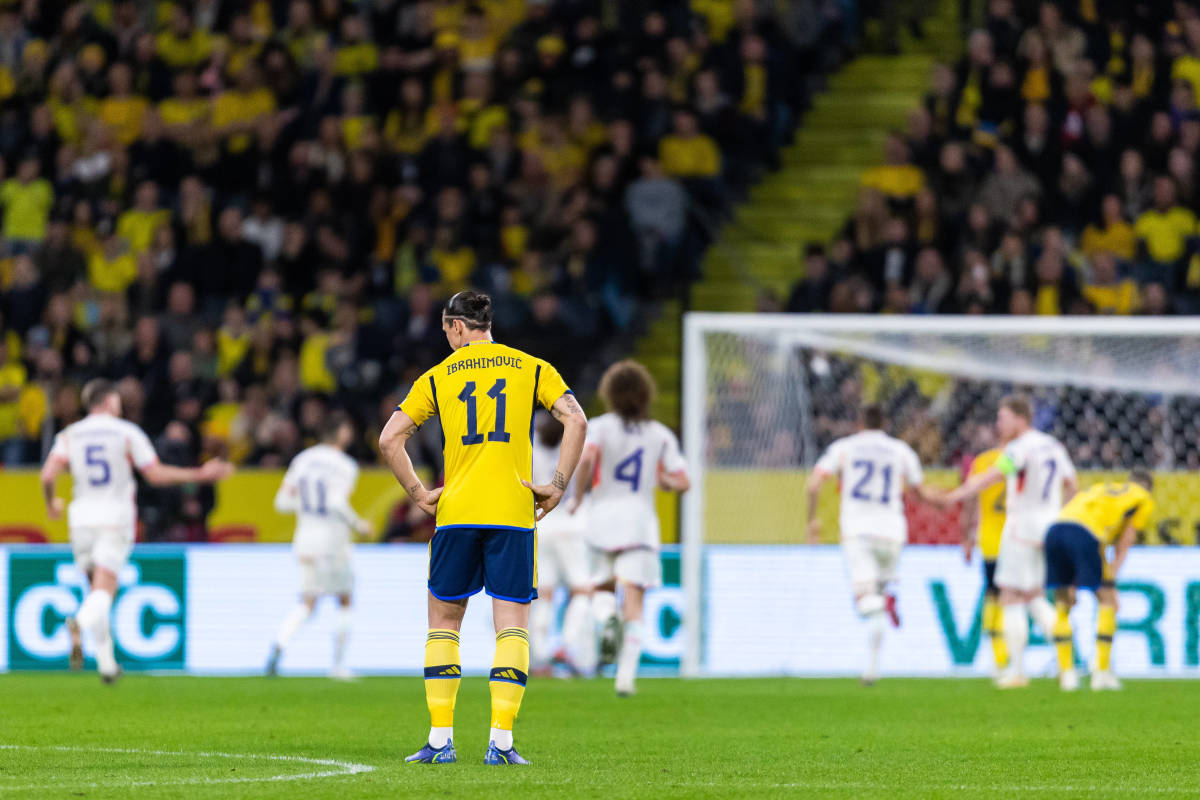 Sweden striker Zlatan Ibrahimovic pictured standing with his hands on his hips during his team's 3-0 loss to Belgium in March 2023