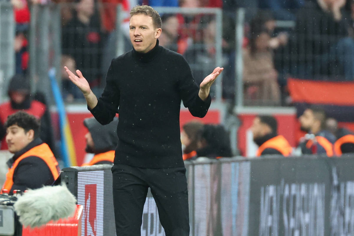 Julian Nagelsmann pictured during his final game as Bayern Munich manager - a 2-1 loss at Bayer Leverkusen in March 2023