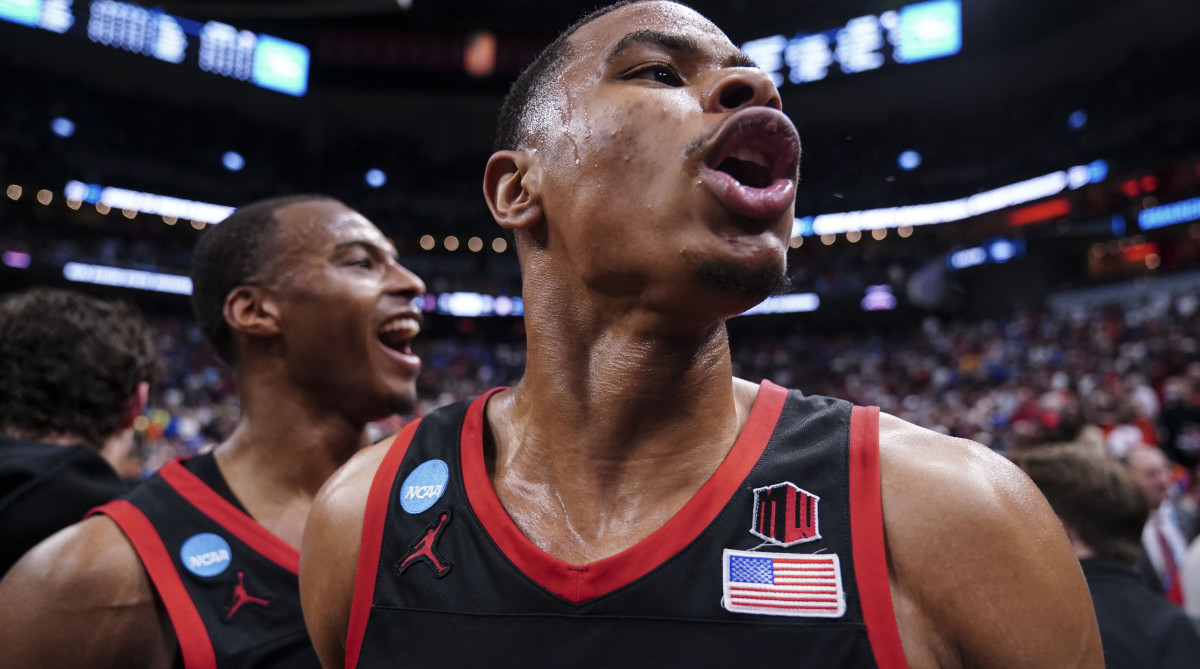 San Diego State forward Keshad Johnson celebrates a win over Alabama.