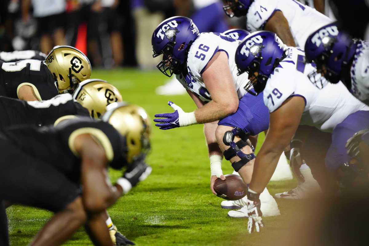 Sep 2, 2022; Boulder, Colorado, USA; TCU Horned Frogs offensive lineman Alan Ali (56) hikes the ball in the fourth quarter against the Colorado Buffaloes at Folsom Field.