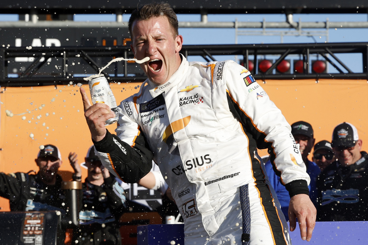 AJ Allmendinger celebrates in victory lane after last year's Xfinity Series Pit Boss 250 at Circuit of The Americas. (Photo by Chris Graythen/Getty Images)