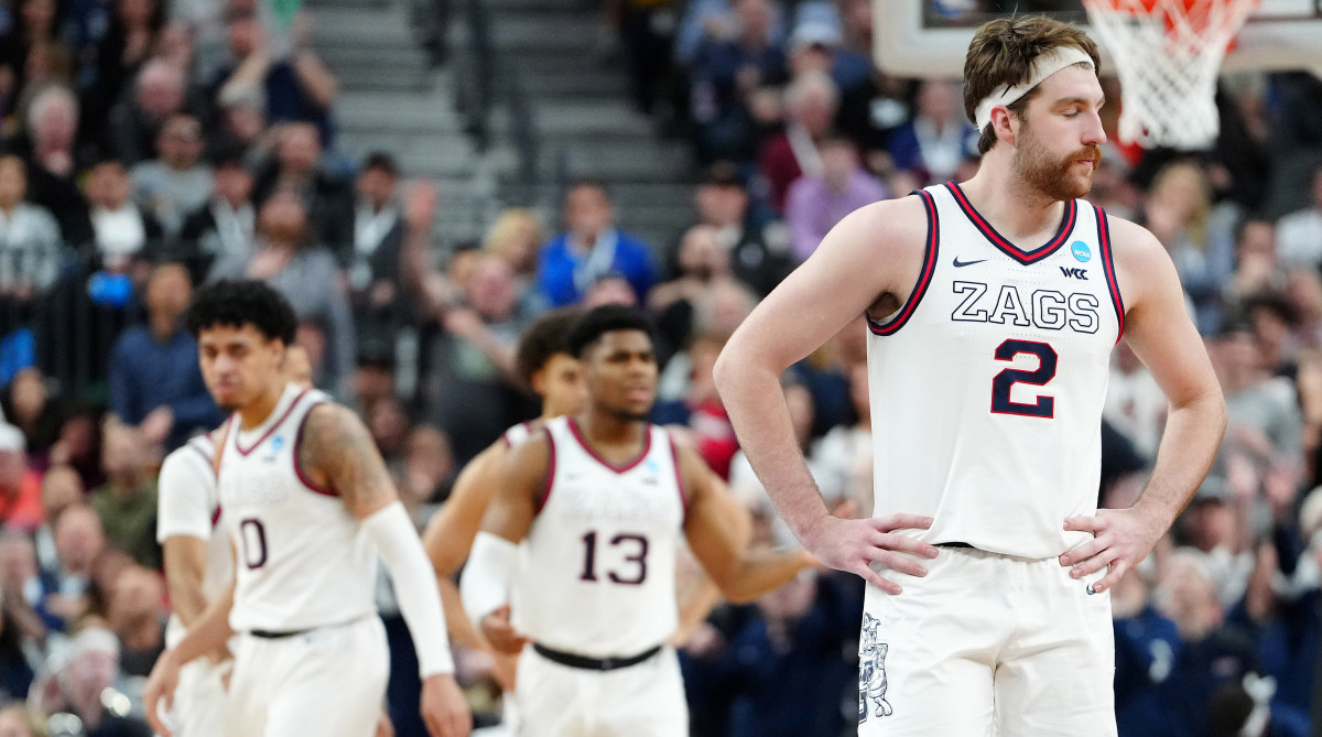 Gonzaga Bulldogs forward Drew Timme reacts during the second half against the Connecticut Huskies