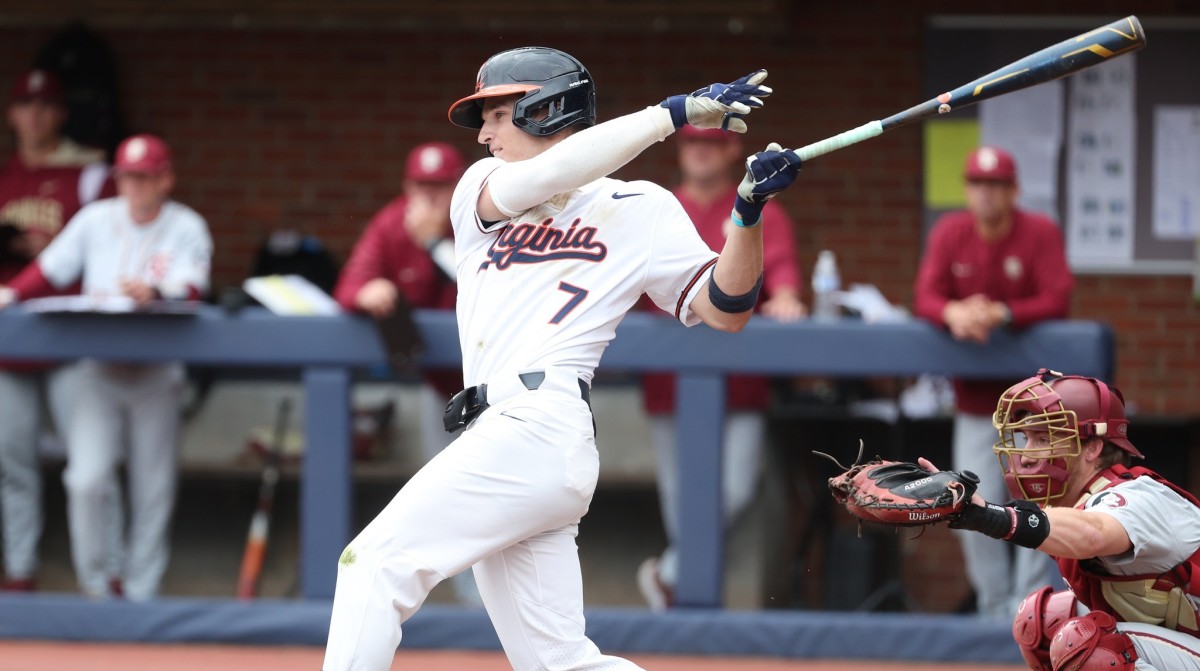 Henry Godbout swings at a pitch during the Virginia baseball game against Florida State at Disharoon Park.