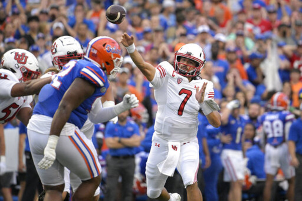 Utah quarterback Cameron Rising (7) throws a pass during the first half of an NCAA college football game against Florida, Saturday, Sept. 3, 2022, in Gainesville, Fla.