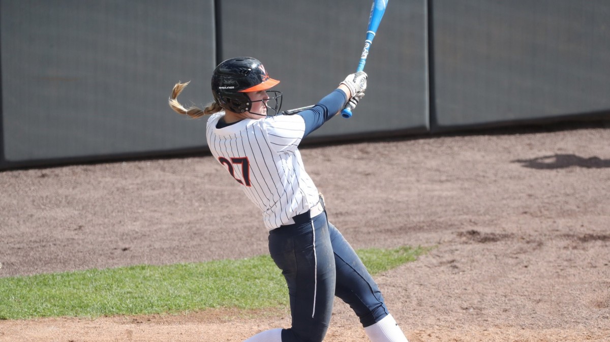 Katie Goldberg swings at a pitch during the Virginia softball game against Pittsburgh at Palmer Park.