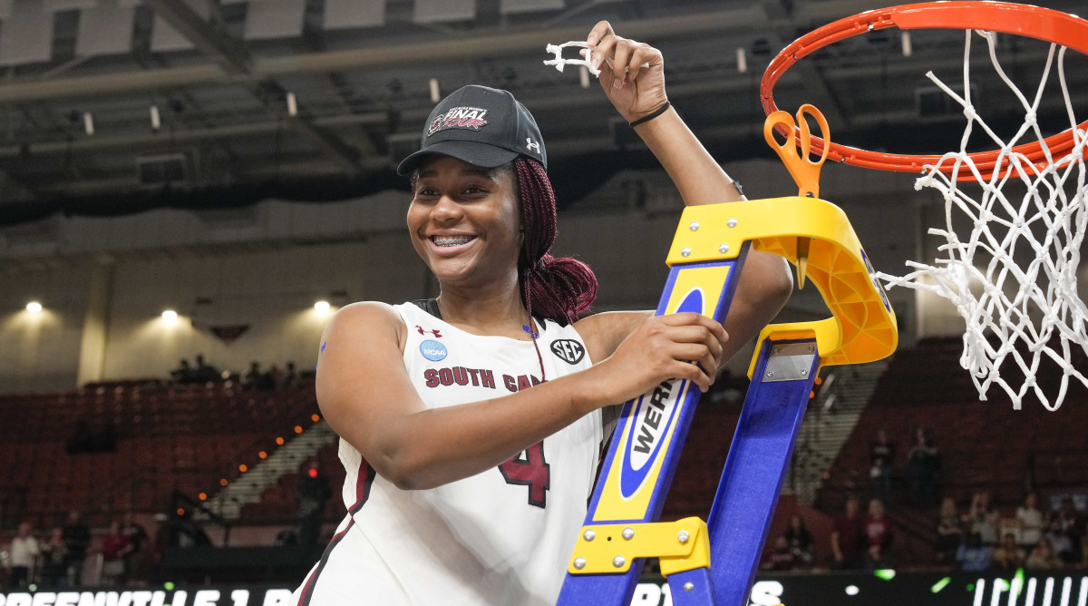 South Carolina forward Aliyah Boston celebrates the Gamecocks’ win over Maryland at the NCAA Women’s Tournament.