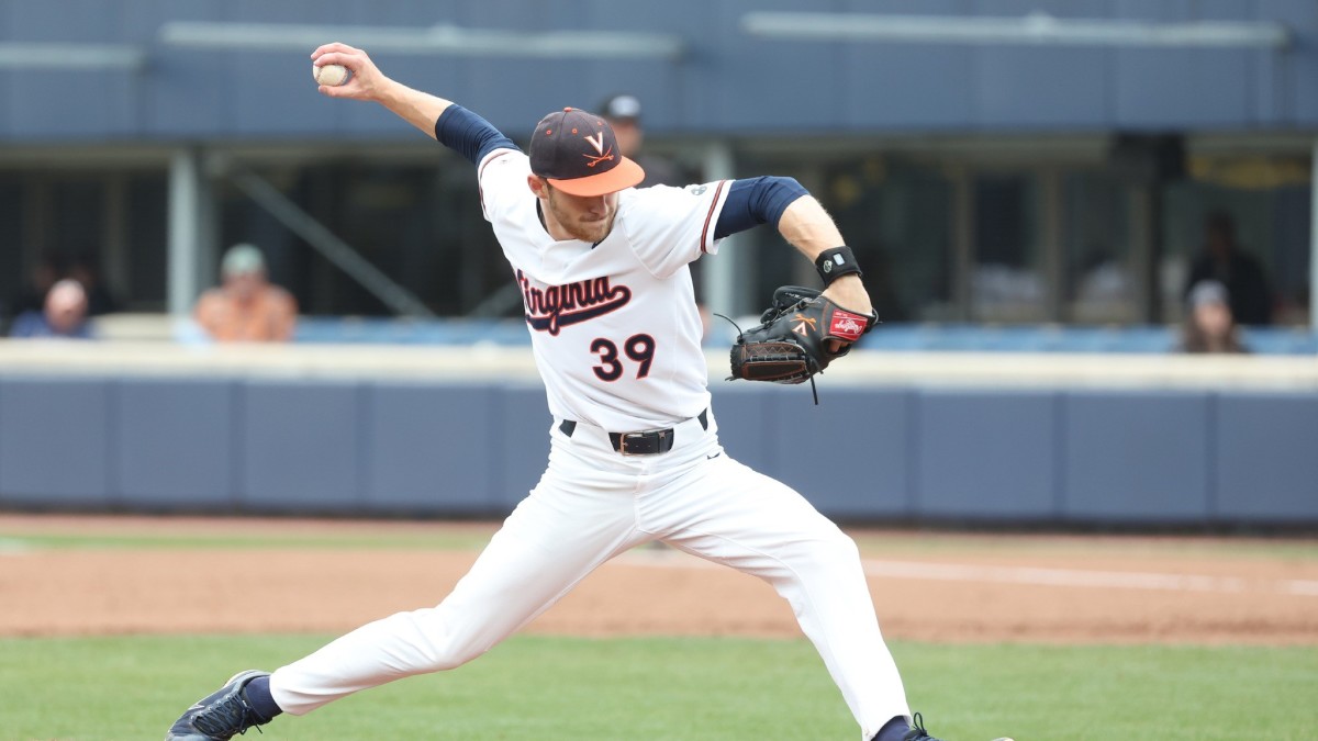 Chase Hungate delivers a pitch during the Virginia baseball game against Florida State at Disharoon Park.