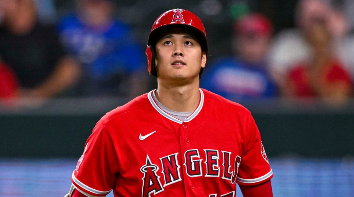 Angels designated hitter Shohei Ohtani walks up to the plate during a game in 2022.